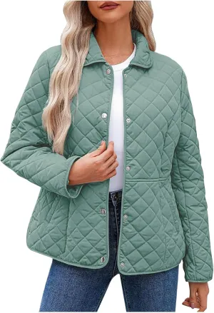 Womens Quilted Jackets Lightweight Casual Long Sleeve Button Down Lapel Puffer Coat Fall Winter Solid Color Warm Top