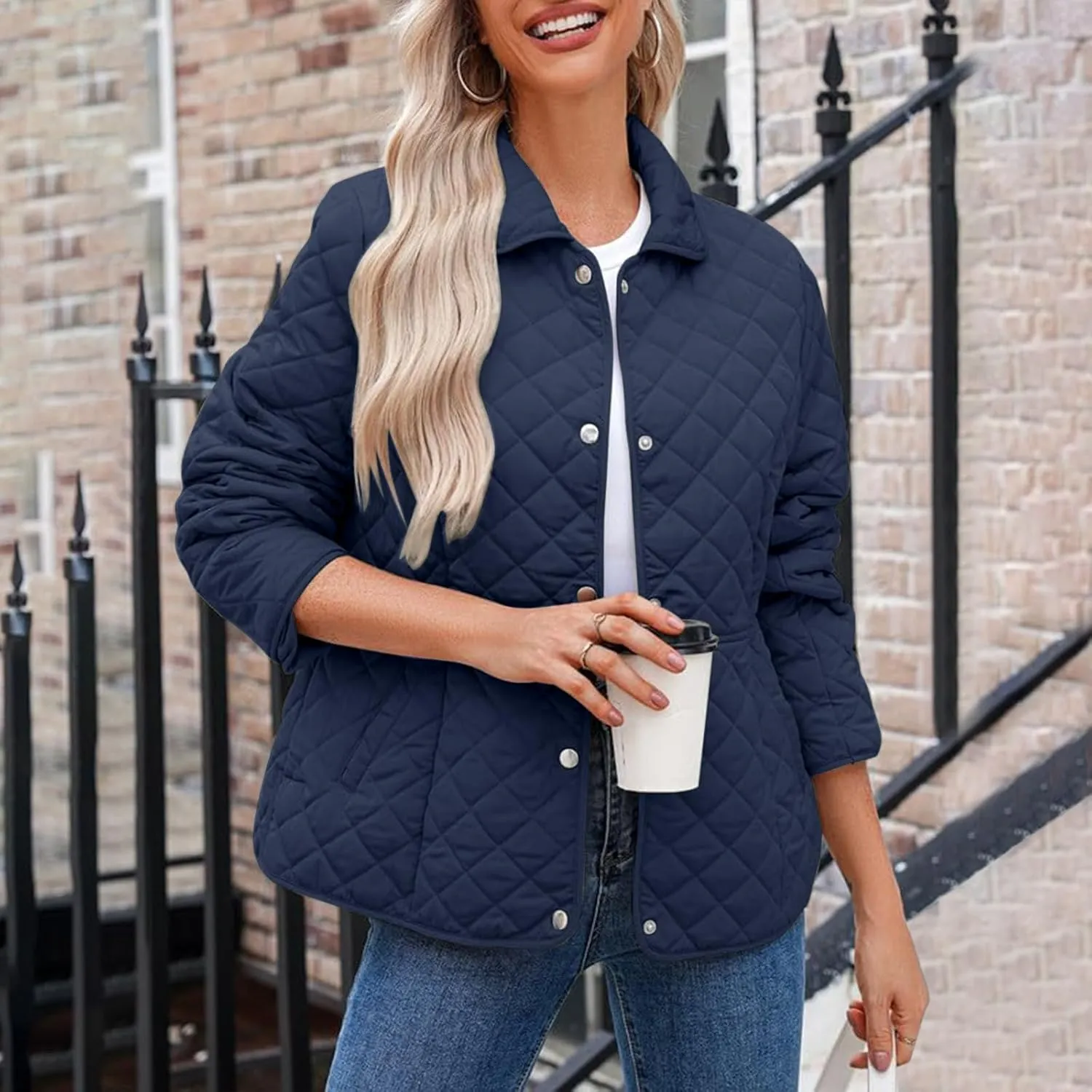 Womens Quilted Jackets Lightweight Casual Long Sleeve Button Down Lapel Puffer Coat Fall Winter Solid Color Warm Top