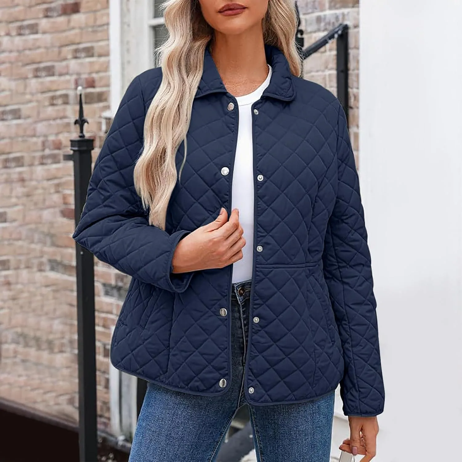 Womens Quilted Jackets Lightweight Casual Long Sleeve Button Down Lapel Puffer Coat Fall Winter Solid Color Warm Top