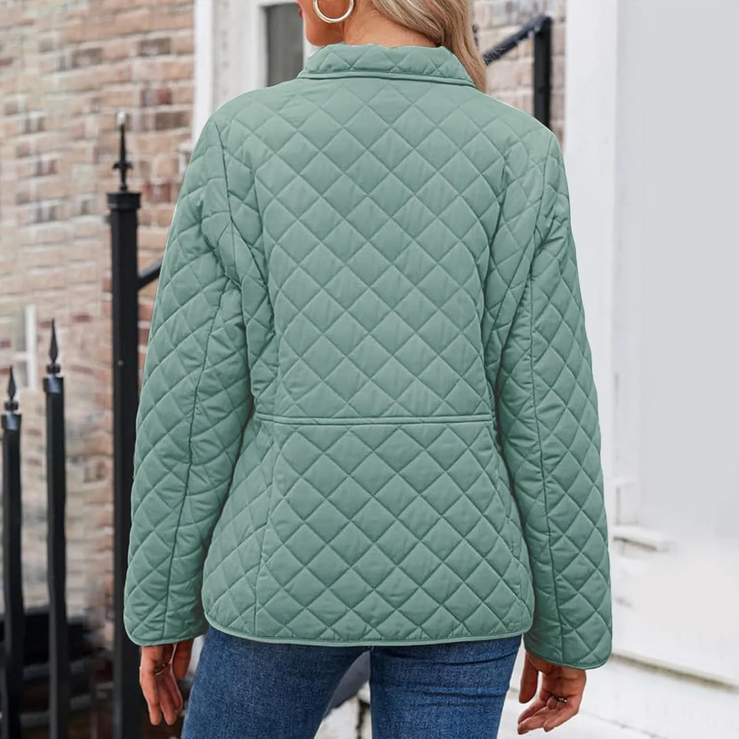 Womens Quilted Jackets Lightweight Casual Long Sleeve Button Down Lapel Puffer Coat Fall Winter Solid Color Warm Top