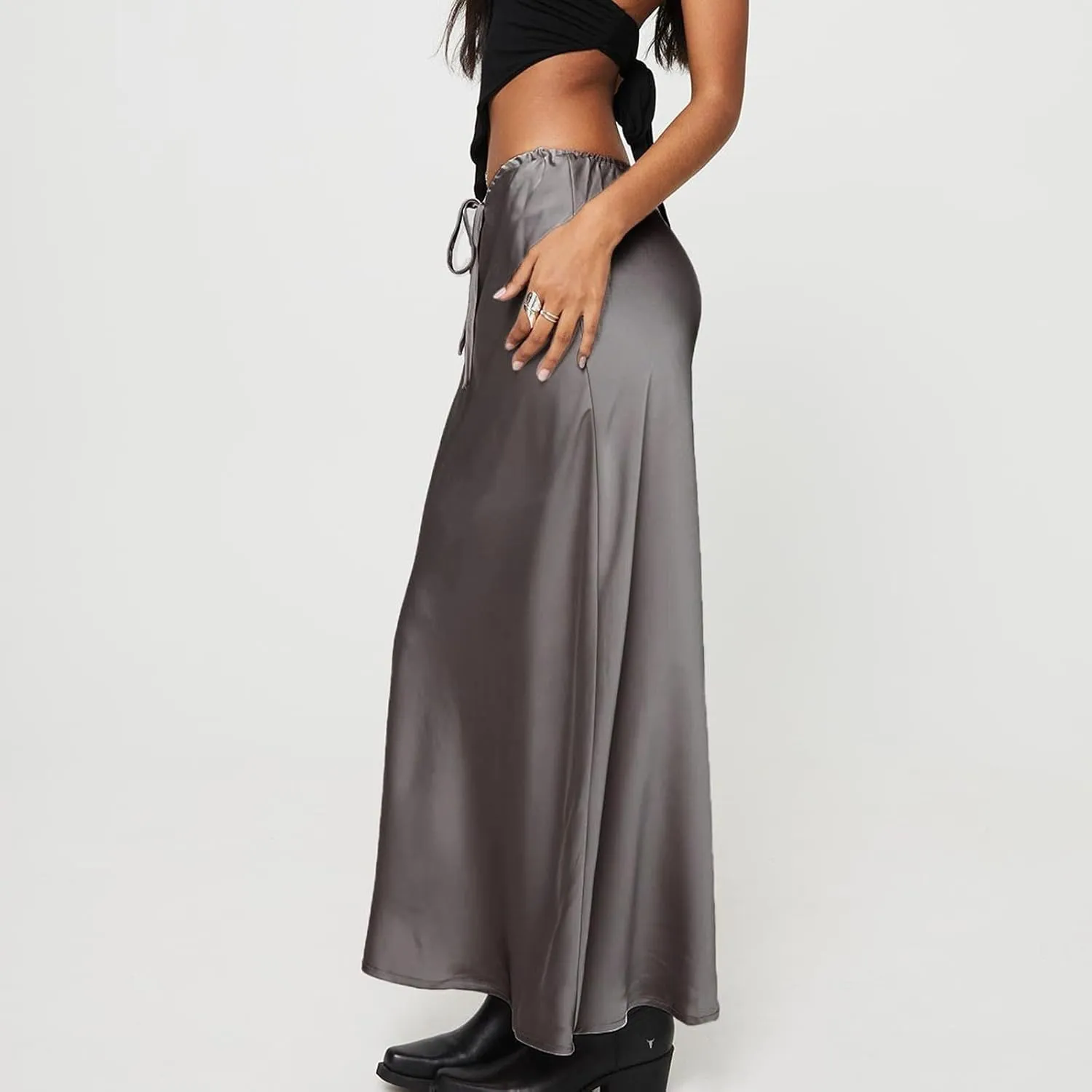 Women's Satin Maxi Skirts Drawstring High Waist Silk Flowy Casual A-Line Long Skirt Cocktail Party Weekend Midi Skirts