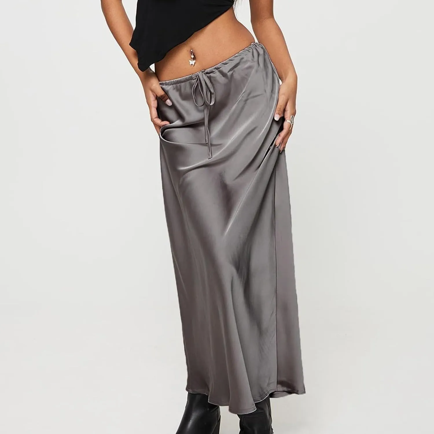 Women's Satin Maxi Skirts Drawstring High Waist Silk Flowy Casual A-Line Long Skirt Cocktail Party Weekend Midi Skirts