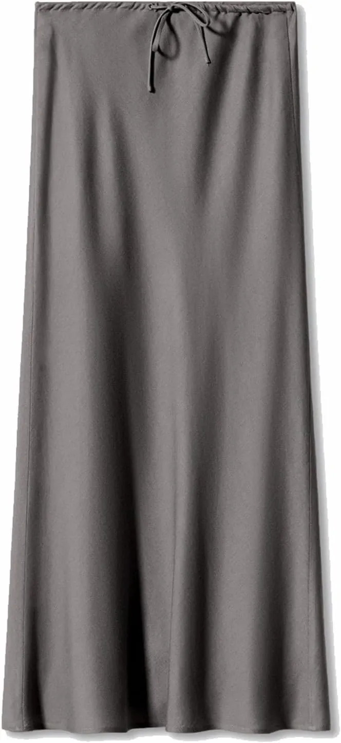 Women's Satin Maxi Skirts Drawstring High Waist Silk Flowy Casual A-Line Long Skirt Cocktail Party Weekend Midi Skirts