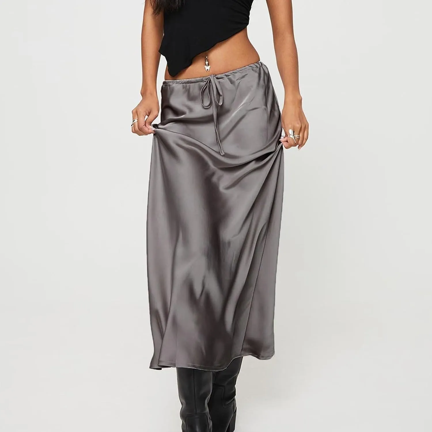 Women's Satin Maxi Skirts Drawstring High Waist Silk Flowy Casual A-Line Long Skirt Cocktail Party Weekend Midi Skirts