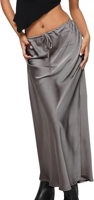 Women's Satin Maxi Skirts Drawstring High Waist Silk Flowy Casual A-Line Long Skirt Cocktail Party Weekend Midi Skirts