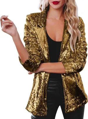 Women's Sequin Blazer Jacket Lightweight Casual Long Sleeves Cardigan Coat Evening Glitter Sparkle Sequins Shiny Outfit
