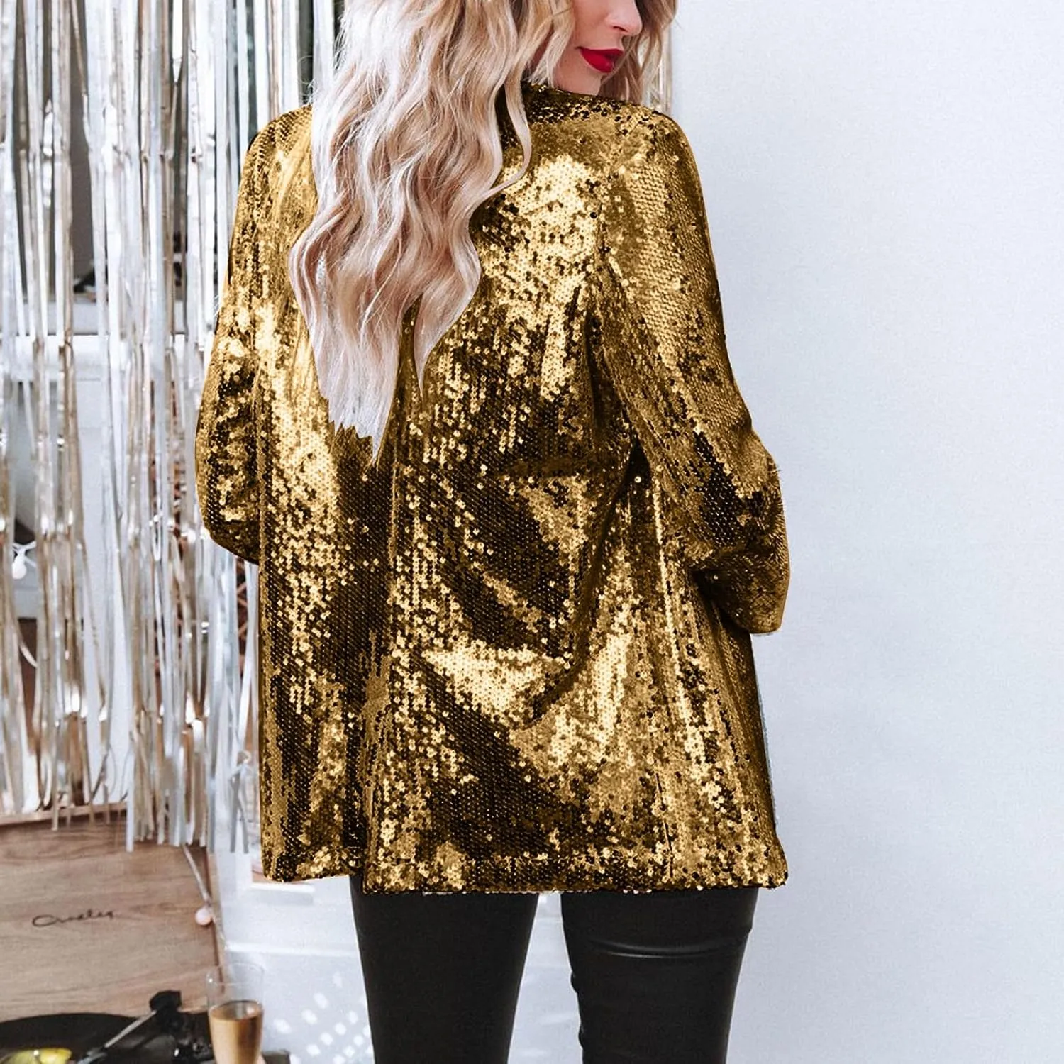Women's Sequin Blazer Jacket Lightweight Casual Long Sleeves Cardigan Coat Evening Glitter Sparkle Sequins Shiny Outfit