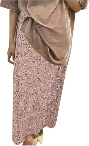 Women's Sequin Velvet Maxi Skirt Elastic High Waist Sparkle Cocktail Skirts Elegant Slim Fit Prom Party Pencil Skirt