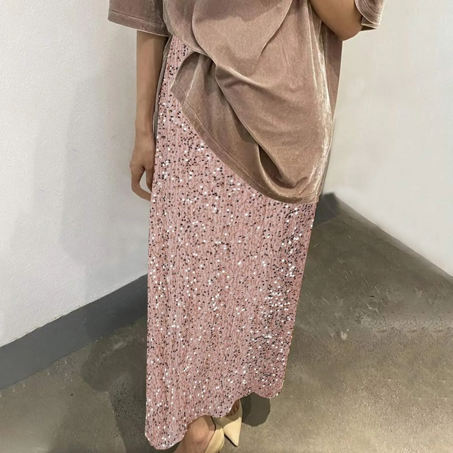 Women's Sequin Velvet Maxi Skirt Elastic High Waist Sparkle Cocktail Skirts Elegant Slim Fit Prom Party Pencil Skirt