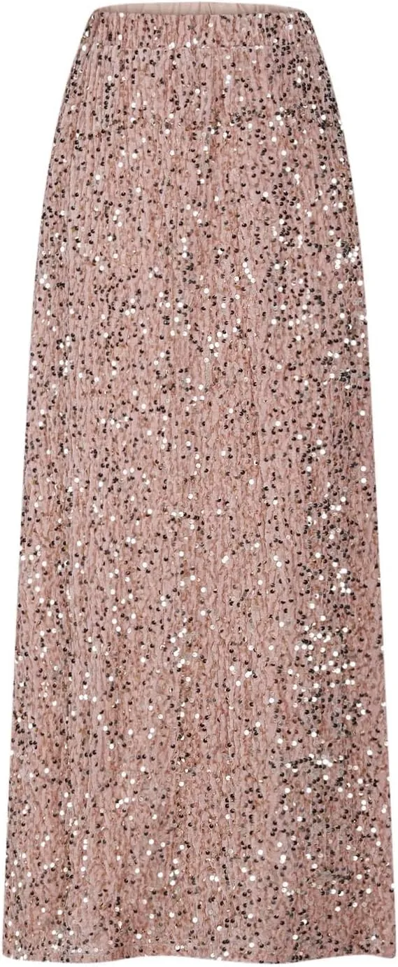 Women's Sequin Velvet Maxi Skirt Elastic High Waist Sparkle Cocktail Skirts Elegant Slim Fit Prom Party Pencil Skirt