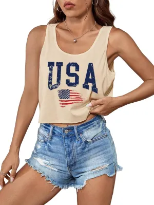 Women's Sexy American Flag Crop Tank 4th of July Patriotic Sleeveless Tee Tops