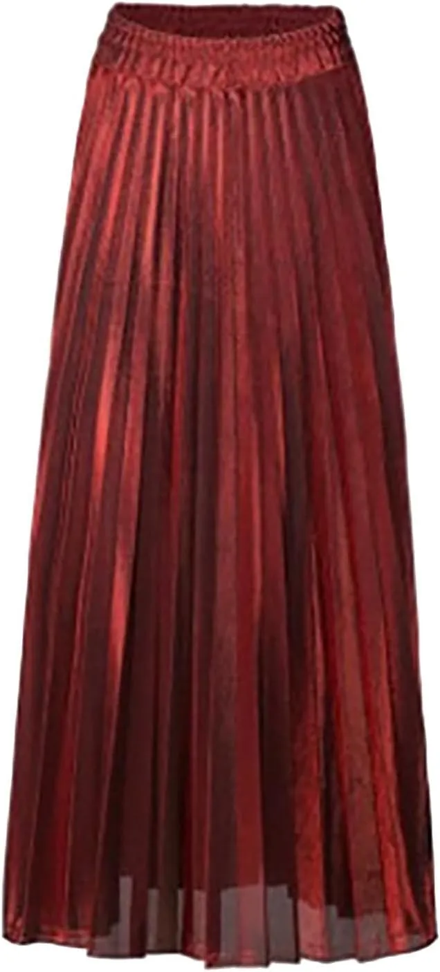 Women's Sexy Plus Size Adjustable Waist a Line Gold Skater Pleated High Waisted Elastic Party Vintage Maxi Skirts