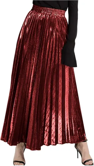 Women's Sexy Plus Size Adjustable Waist a Line Gold Skater Pleated High Waisted Elastic Party Vintage Maxi Skirts