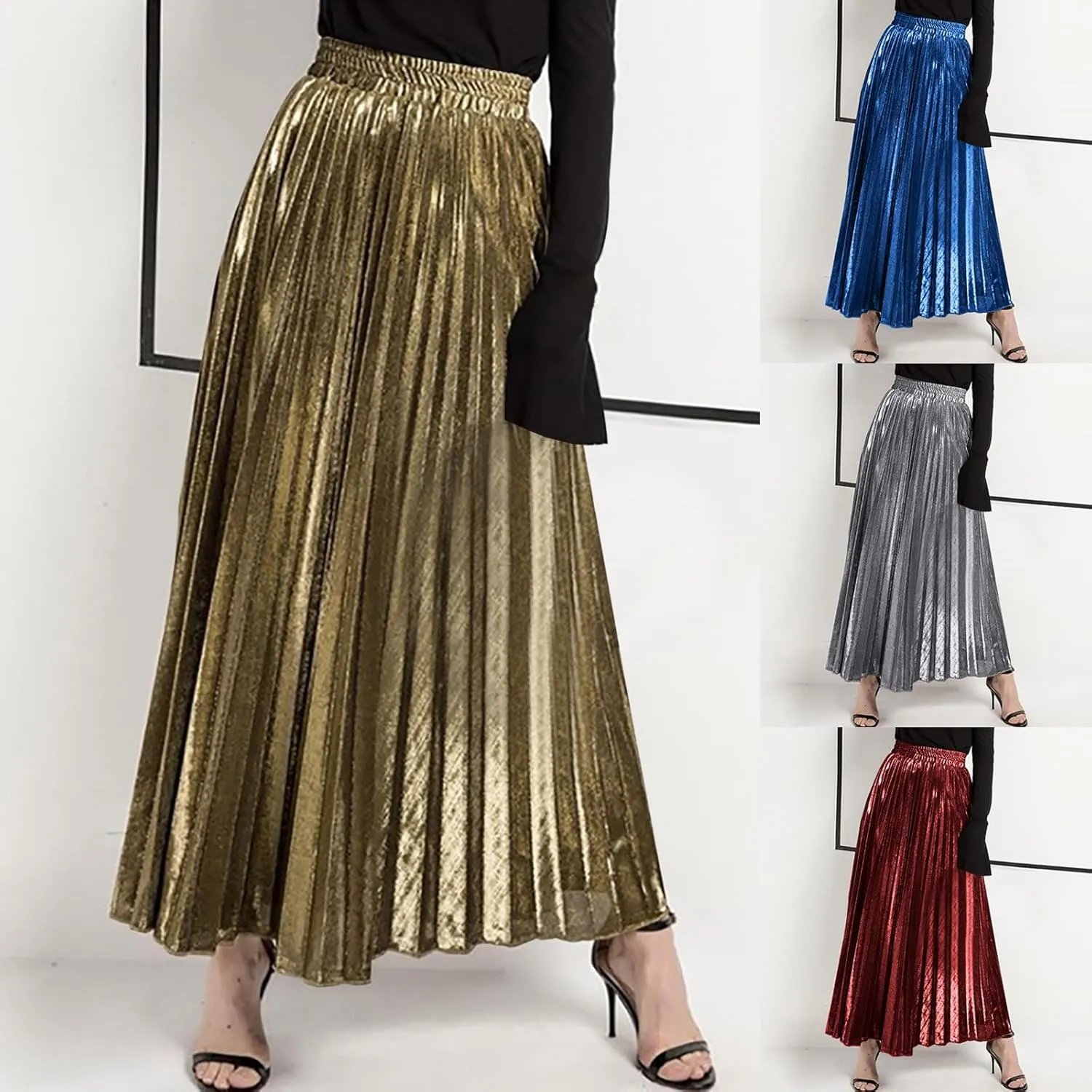 Women's Sexy Plus Size Adjustable Waist a Line Gold Skater Pleated High Waisted Elastic Party Vintage Maxi Skirts