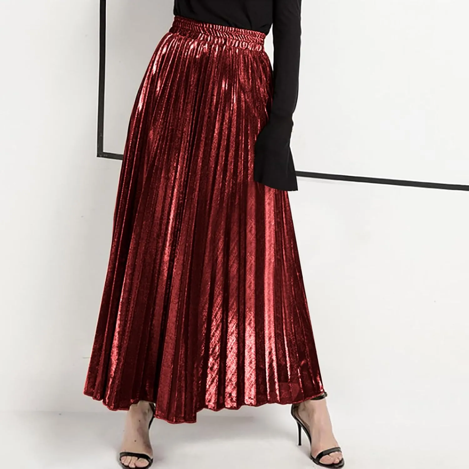 Women's Sexy Plus Size Adjustable Waist a Line Gold Skater Pleated High Waisted Elastic Party Vintage Maxi Skirts