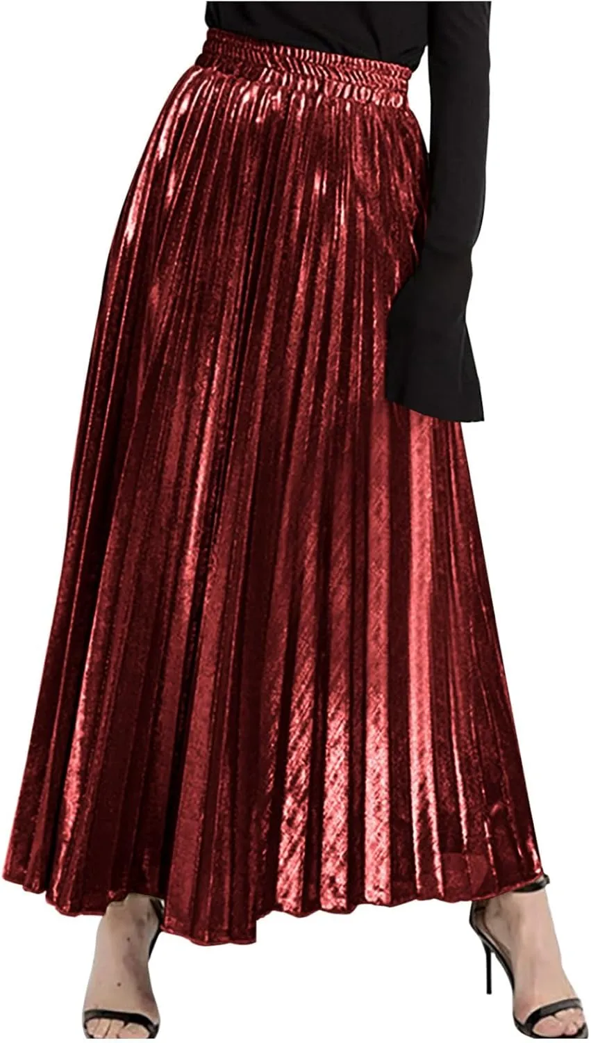 Women's Sexy Plus Size Adjustable Waist a Line Gold Skater Pleated High Waisted Elastic Party Vintage Maxi Skirts