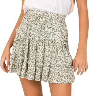 Women's Short Skirt Summer Drawstring Waist Ruffle Skirt Floral Print Swing Beach Mini Dress (L, Green)