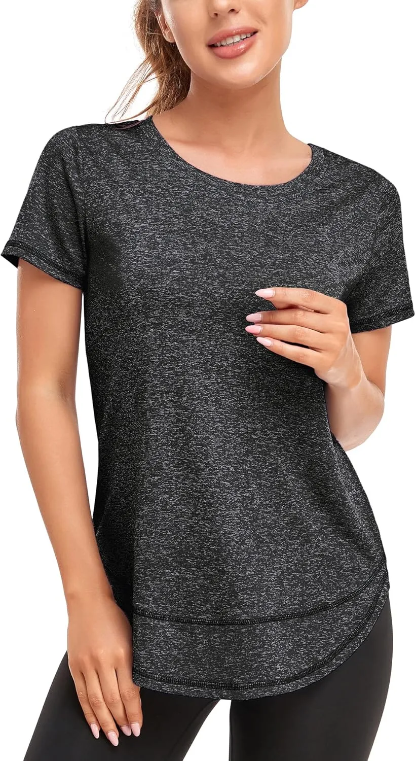 Women's Short Sleeve Workout Shirts Crewneck Sports Yoga Running Dry Fit Tops Side Split Tee