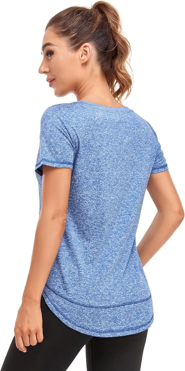 Women's Short Sleeve Workout Shirts Crewneck Sports Yoga Running Dry Fit Tops Side Split Tee