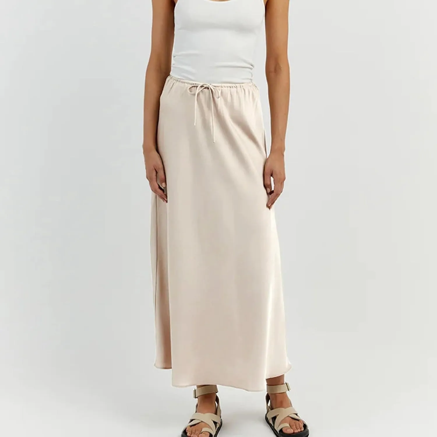 Women's Solid Color Satin Long Dress High Waist Drawstring Dress Fashion Skirts for Women 2024 Trendy