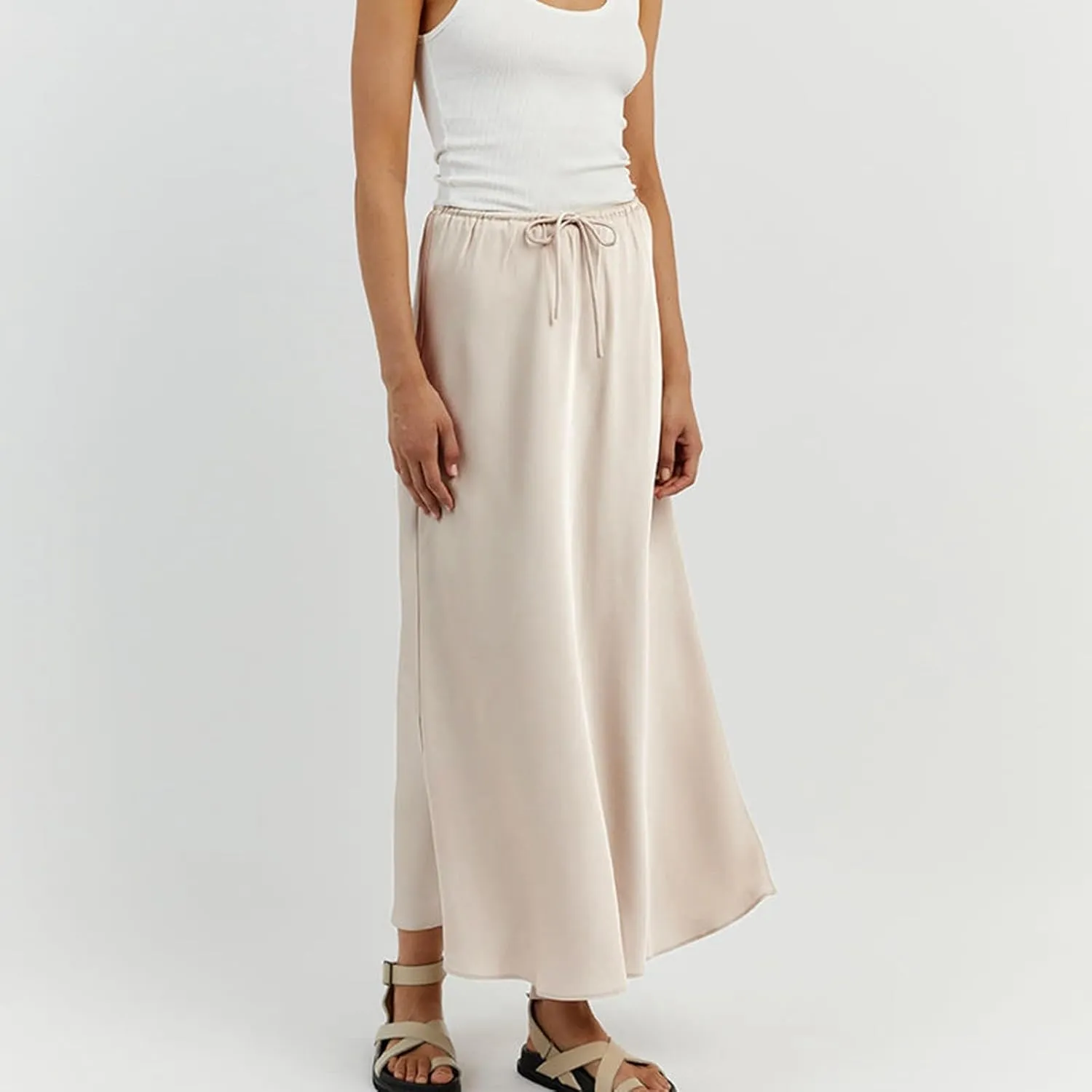 Women's Solid Color Satin Long Dress High Waist Drawstring Dress Fashion Skirts for Women 2024 Trendy