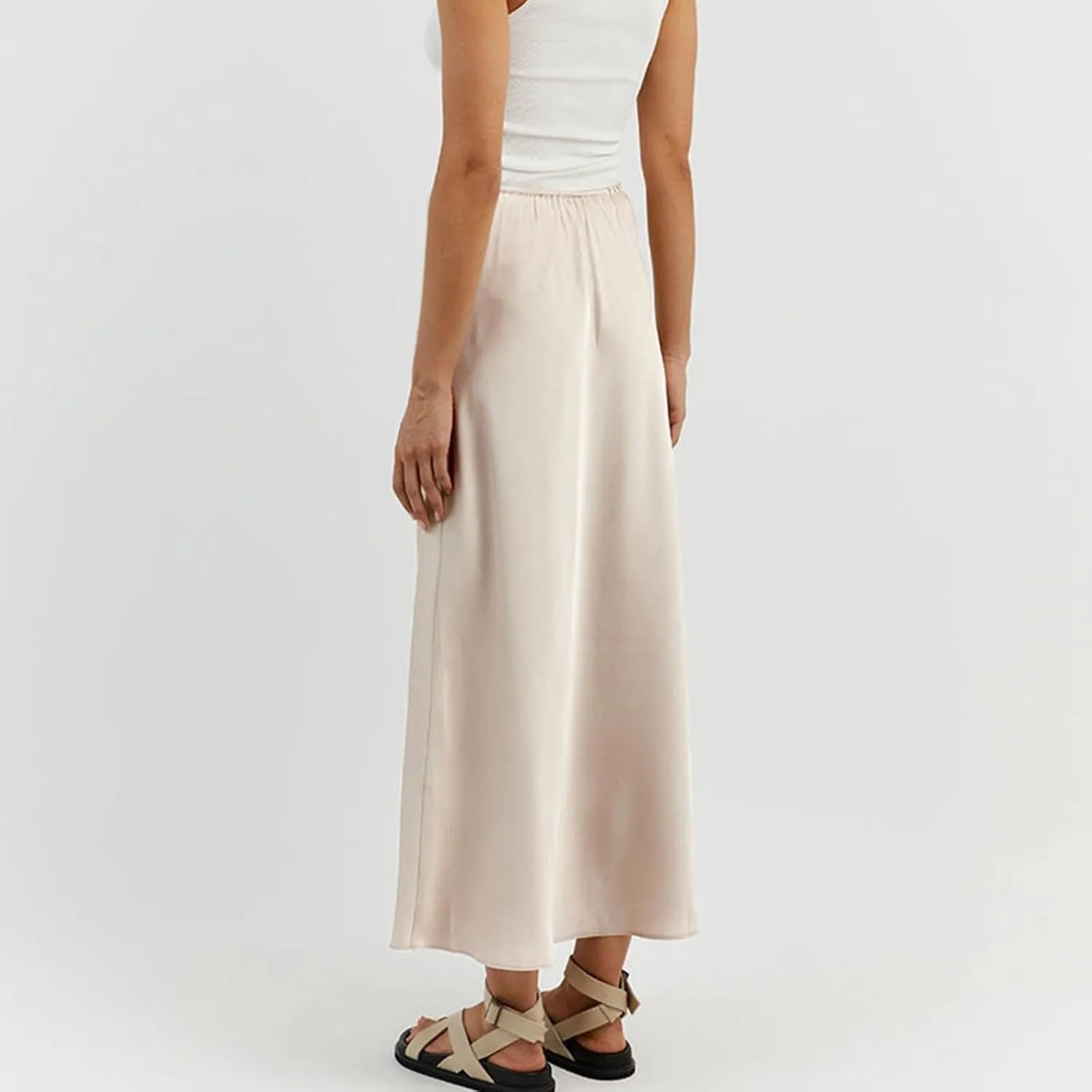 Women's Solid Color Satin Long Dress High Waist Drawstring Dress Fashion Skirts for Women 2024 Trendy
