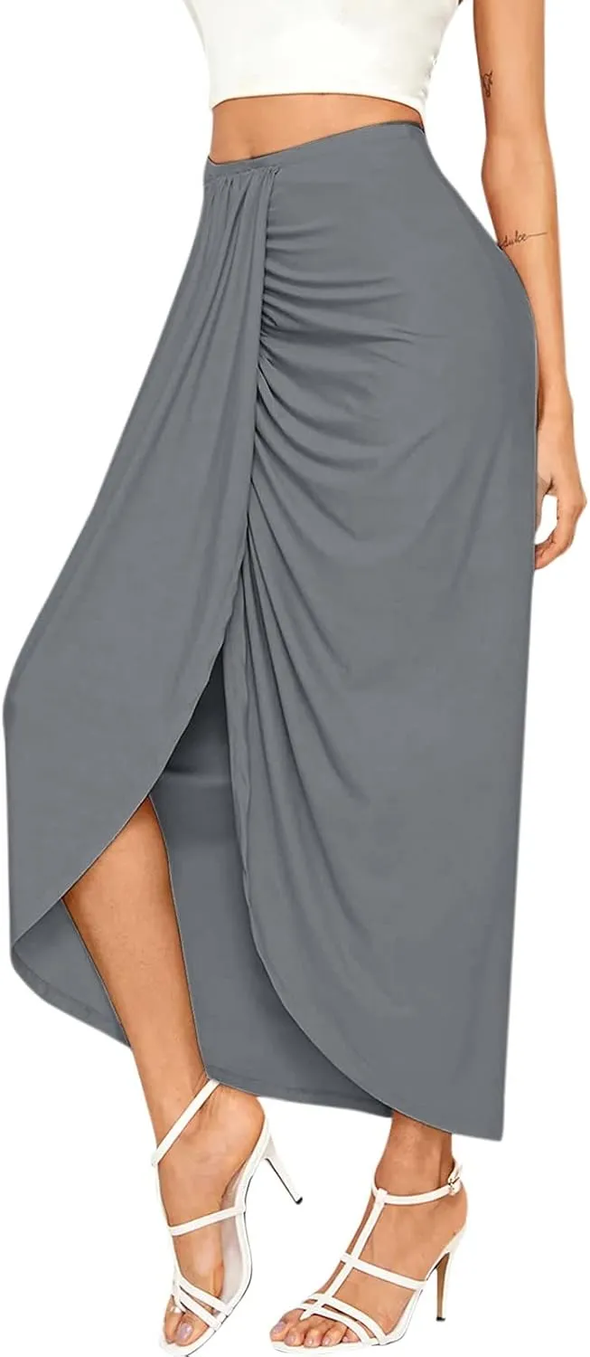 Womens Solid Draped Slit High Elastic Waist Casual Skirt Wrap Waist Asymmetrical Skirt Fashion Skirts for Women
