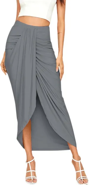 Womens Solid Draped Slit High Elastic Waist Casual Skirt Wrap Waist Asymmetrical Skirt Fashion Skirts for Women