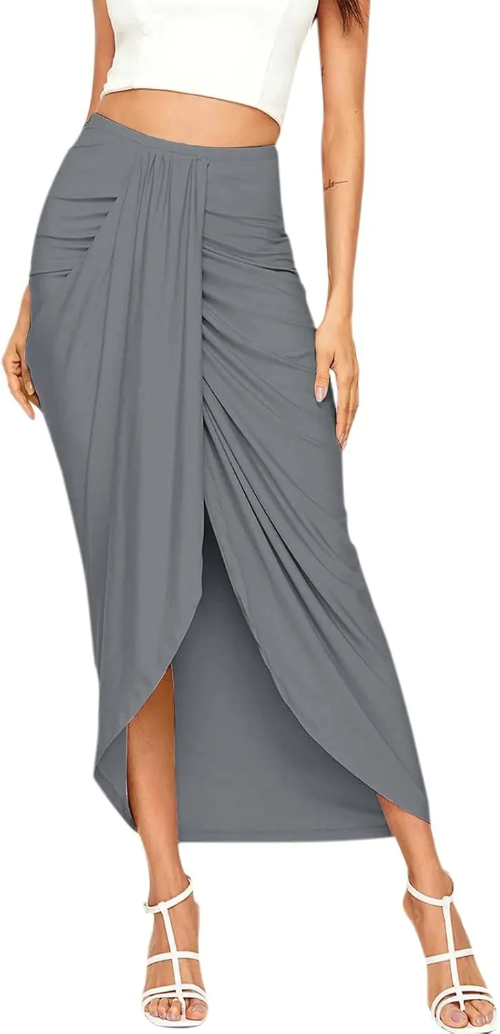 Womens Solid Draped Slit High Elastic Waist Casual Skirt Wrap Waist Asymmetrical Skirt Fashion Skirts for Women