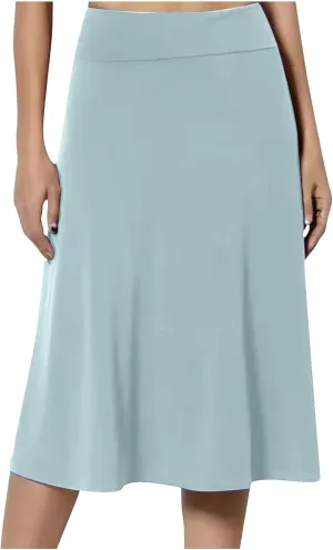 Womens Solid Lightweight Midi Skirt Pull On Casual Skirts High Waisted Stretch Summer Work Office Dress 2025 Trendy