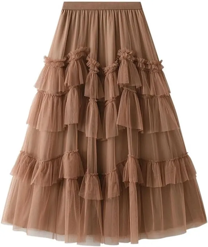 Women's Solid Midi Skirt A-Line Tiered High Elastic Waist Pleated Skirt