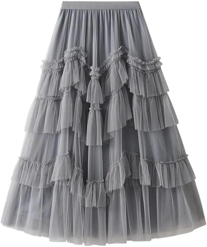 Women's Solid Midi Skirt A-Line Tiered High Elastic Waist Pleated Skirt