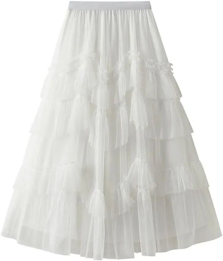 Women's Solid Midi Skirt A-Line Tiered High Elastic Waist Pleated Skirt