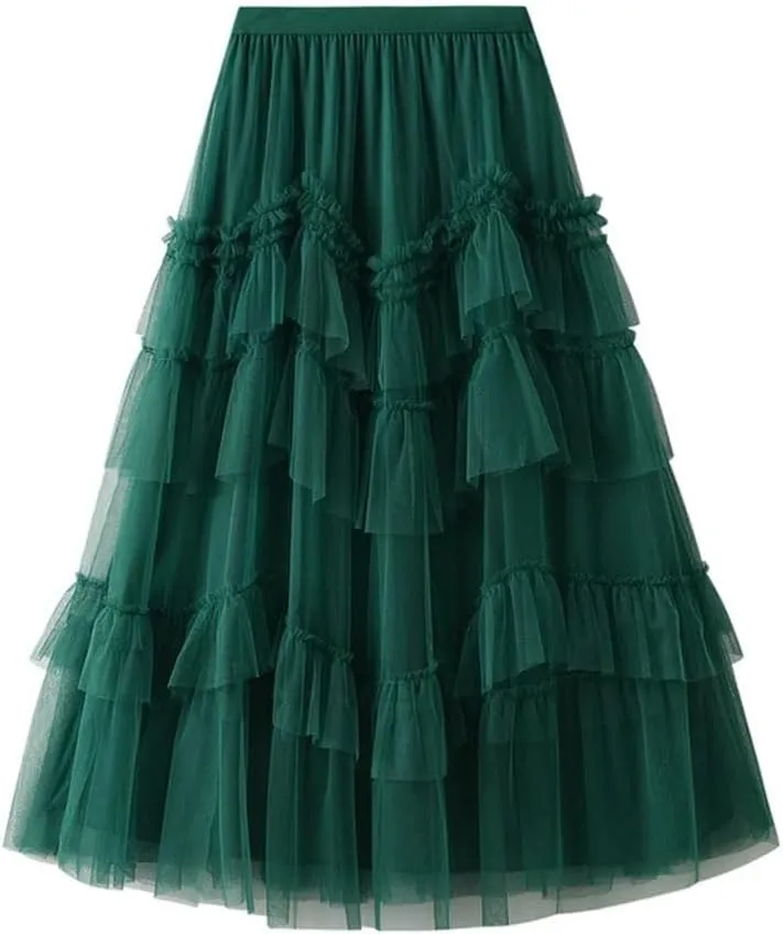 Women's Solid Midi Skirt A-Line Tiered High Elastic Waist Pleated Skirt