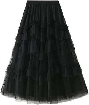 Women's Solid Midi Skirt A-Line Tiered High Elastic Waist Pleated Skirt