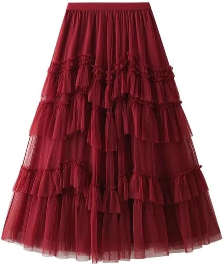 Women's Solid Midi Skirt A-Line Tiered High Elastic Waist Pleated Skirt