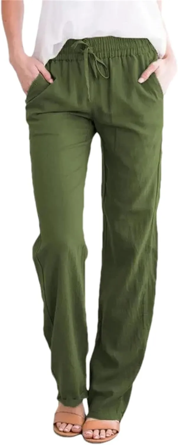 Women's Spring Summer Wide-Leg Pants  Solid Color Cotton Linen Loose Fit Drawstring Waist Trousers for Beach Travel