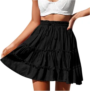 Womens Summer Beach Skirts Flowy Ruffle Tiered Mini Skirt Cute High Waist Boho Flared A-Line Short Skirts Dress