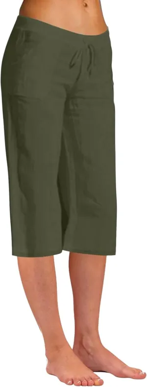 Women's Summer Cotton Linen Capri Pants Lightweight Casaul Loose Drawstring Wide Leg Beach Trousers with Pockets