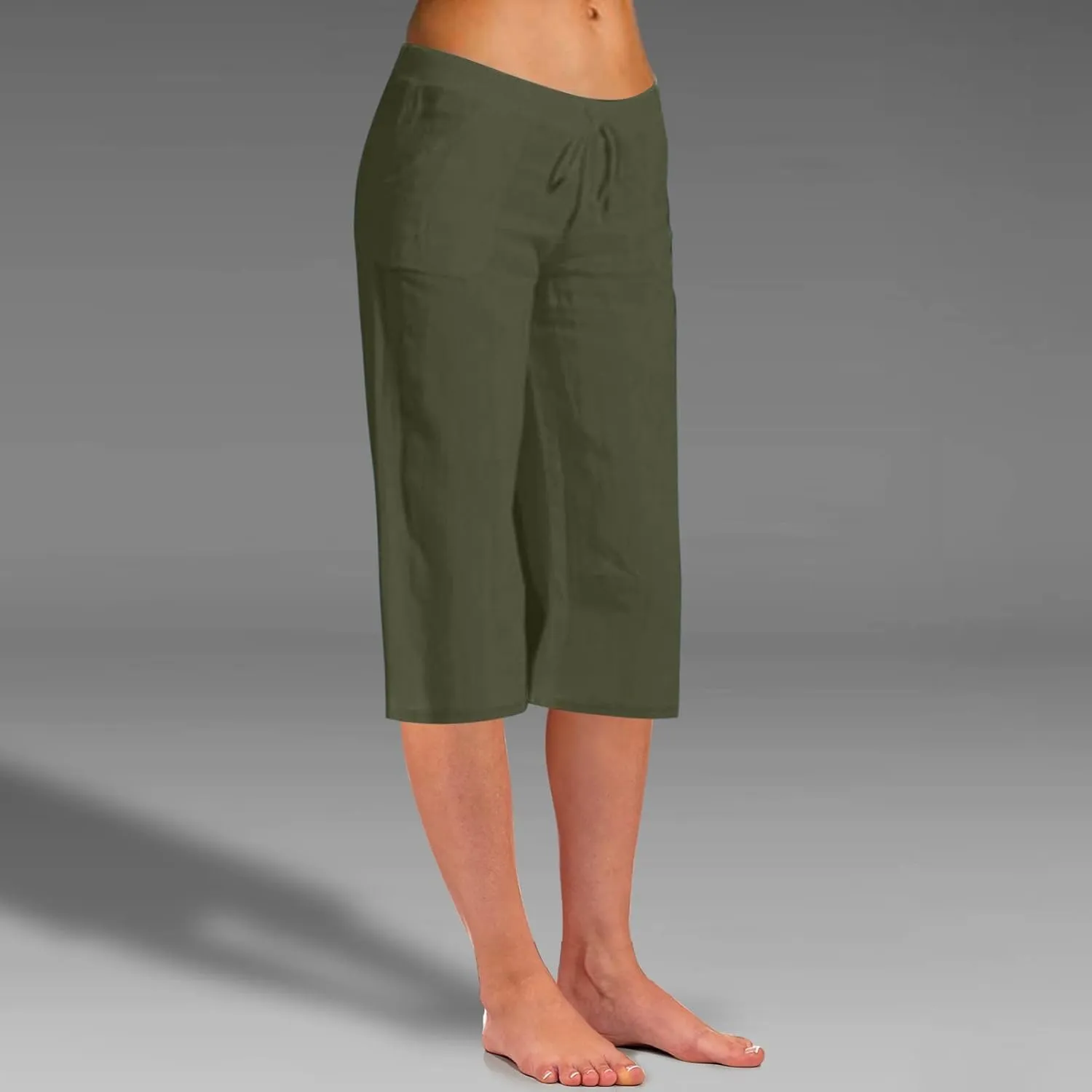 Women's Summer Cotton Linen Capri Pants Lightweight Casaul Loose Drawstring Wide Leg Beach Trousers with Pockets