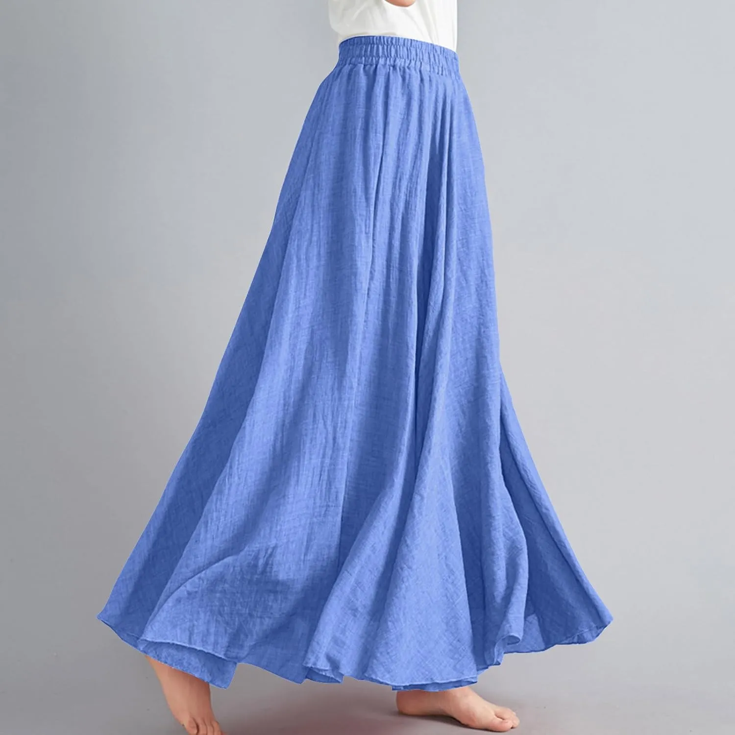 Womens Summer Flowy Swing Tiered A-Line Midi Skirt Fashion Trendy Casual Elastic Waist Pleated Long Beach Skirts