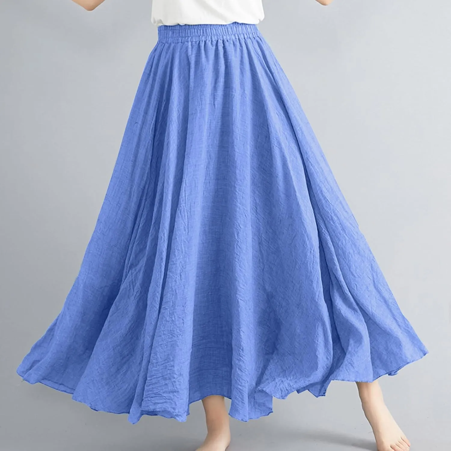 Womens Summer Flowy Swing Tiered A-Line Midi Skirt Fashion Trendy Casual Elastic Waist Pleated Long Beach Skirts