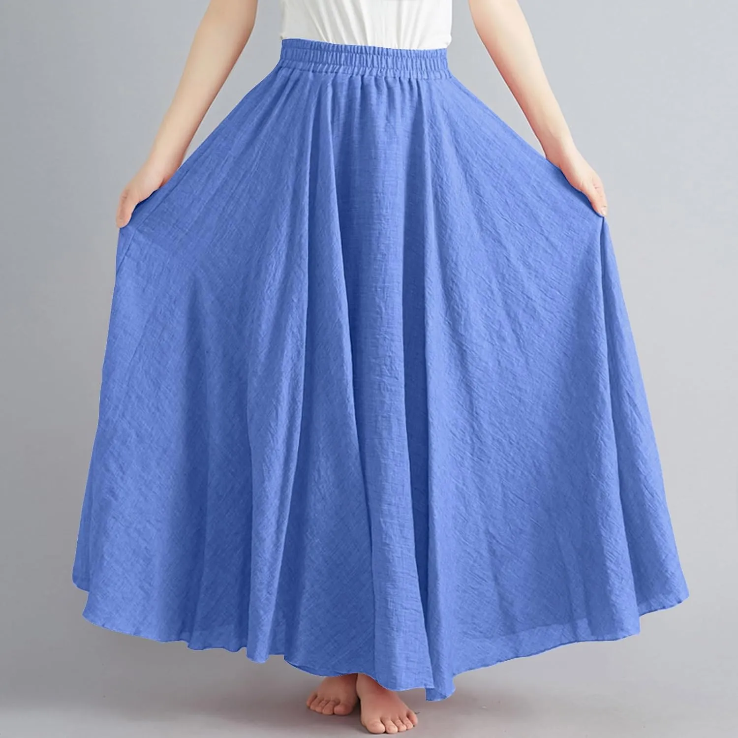 Womens Summer Flowy Swing Tiered A-Line Midi Skirt Fashion Trendy Casual Elastic Waist Pleated Long Beach Skirts