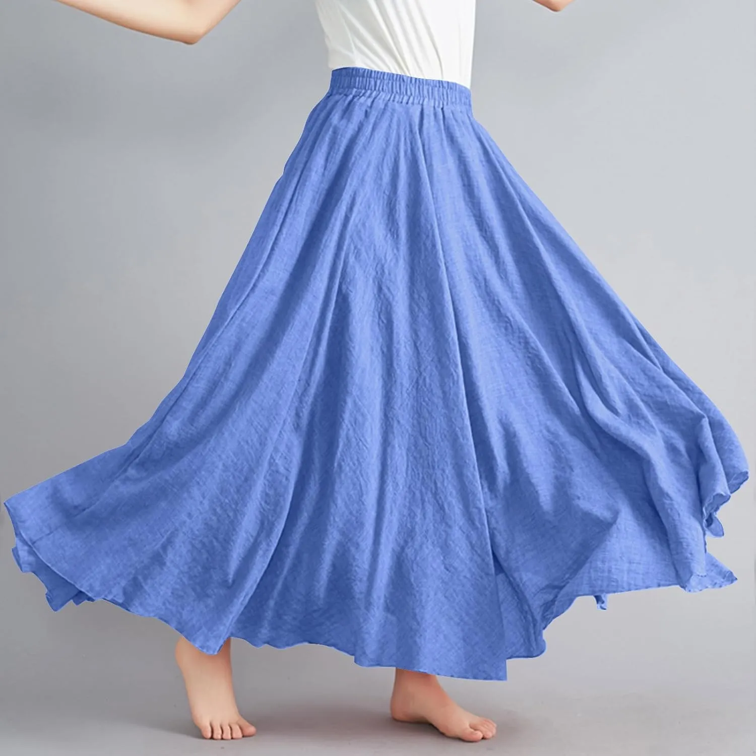 Womens Summer Flowy Swing Tiered A-Line Midi Skirt Fashion Trendy Casual Elastic Waist Pleated Long Beach Skirts