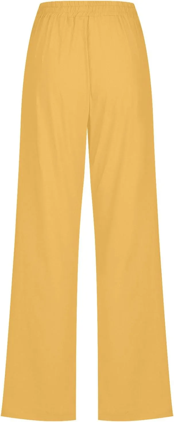 Womens Summer Linen Pants Straight Leg High Waist Palazzo Pants Loose Boho Comfy Pants Casual Trousers with Pockets