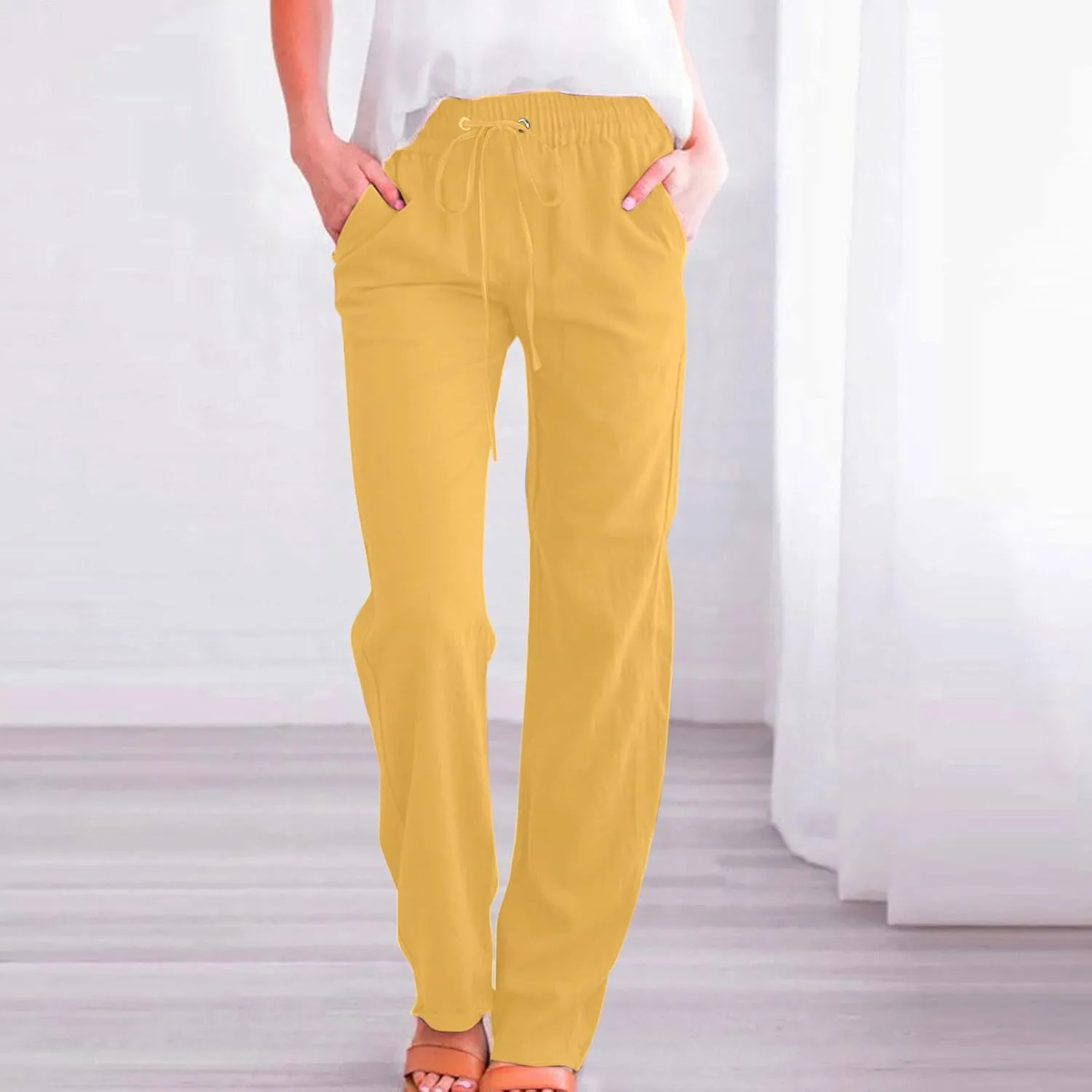 Womens Summer Linen Pants Straight Leg High Waist Palazzo Pants Loose Boho Comfy Pants Casual Trousers with Pockets
