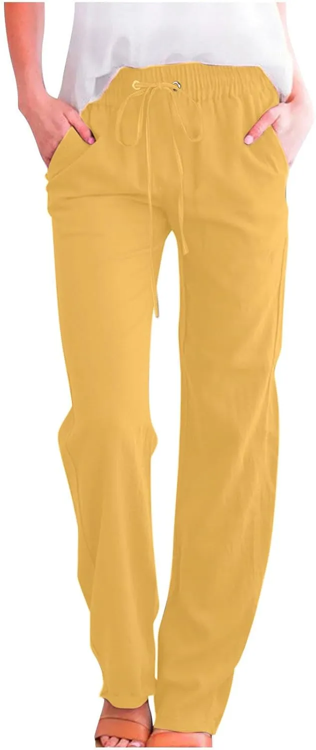 Womens Summer Linen Pants Straight Leg High Waist Palazzo Pants Loose Boho Comfy Pants Casual Trousers with Pockets