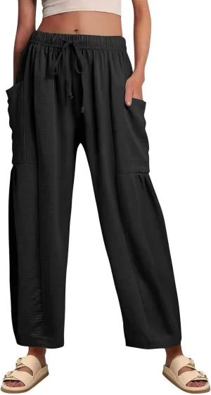 Womens Summer Pants High Waisted Drawstring Pants Wide Leg Casual Loose Baggy Beach Palazzo Trousers with Pockets