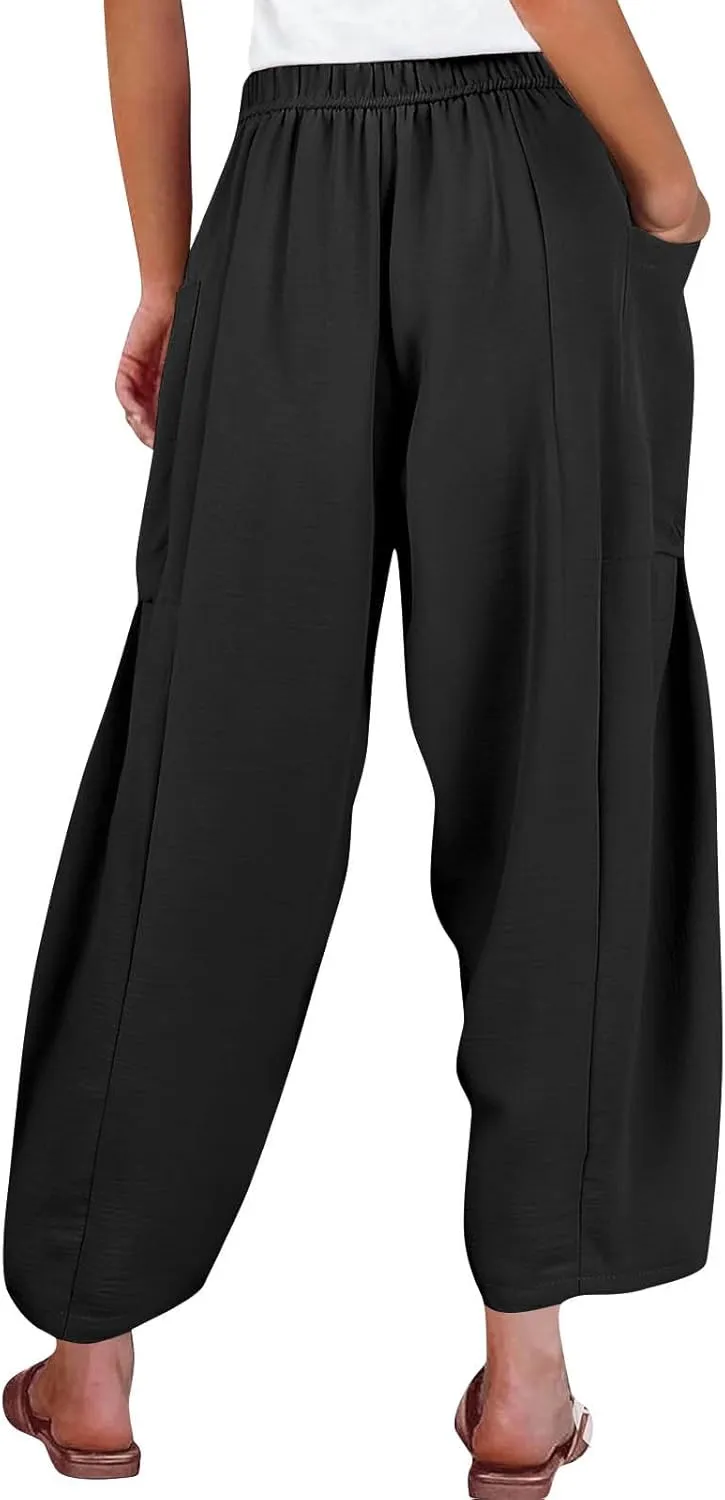 Womens Summer Pants High Waisted Drawstring Pants Wide Leg Casual Loose Baggy Beach Palazzo Trousers with Pockets