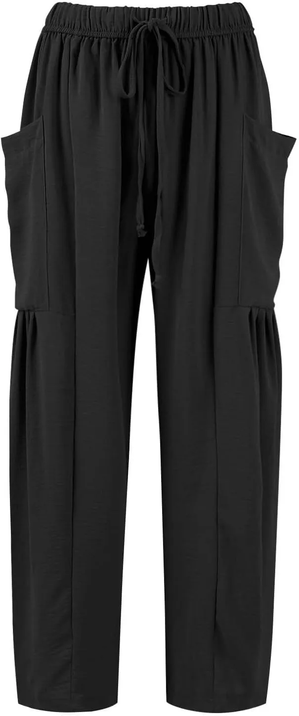 Womens Summer Pants High Waisted Drawstring Pants Wide Leg Casual Loose Baggy Beach Palazzo Trousers with Pockets